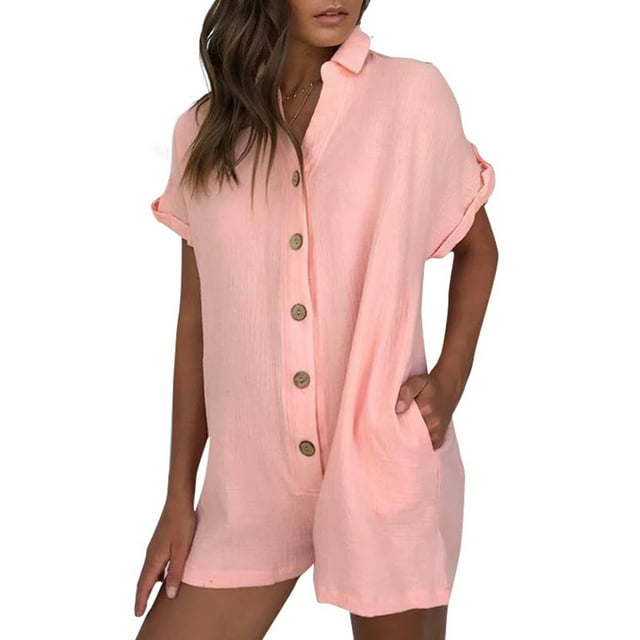 cfhntfmh Beach Rompers for Women Short Sleeve Button down Jumpsuit with Pockets Casual Summer Vacation Outfits