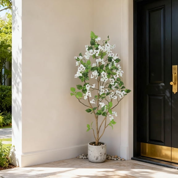 Lifelike Artificial Bougainvillea Tree for Home Decor – 150cm Tall with White Pot – Faux Silk & Plastic Triple-Branch Daisy Floral, Decorative Indoor/Outdoor Potted Plant (White)