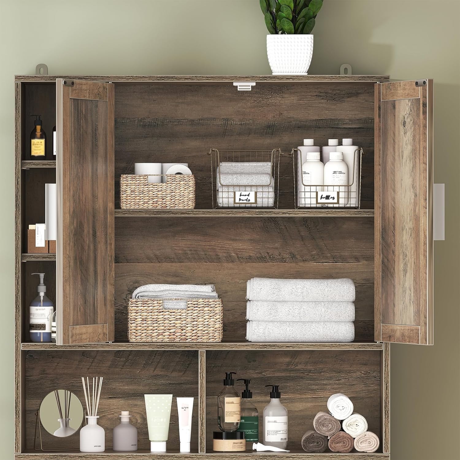 Timagebreze Farmhouse Over-Toilet Cabinet with 2 Barn Doors, 10 Adjustable Shelves & Tissue Holder,Bathroom Storage,Grey
