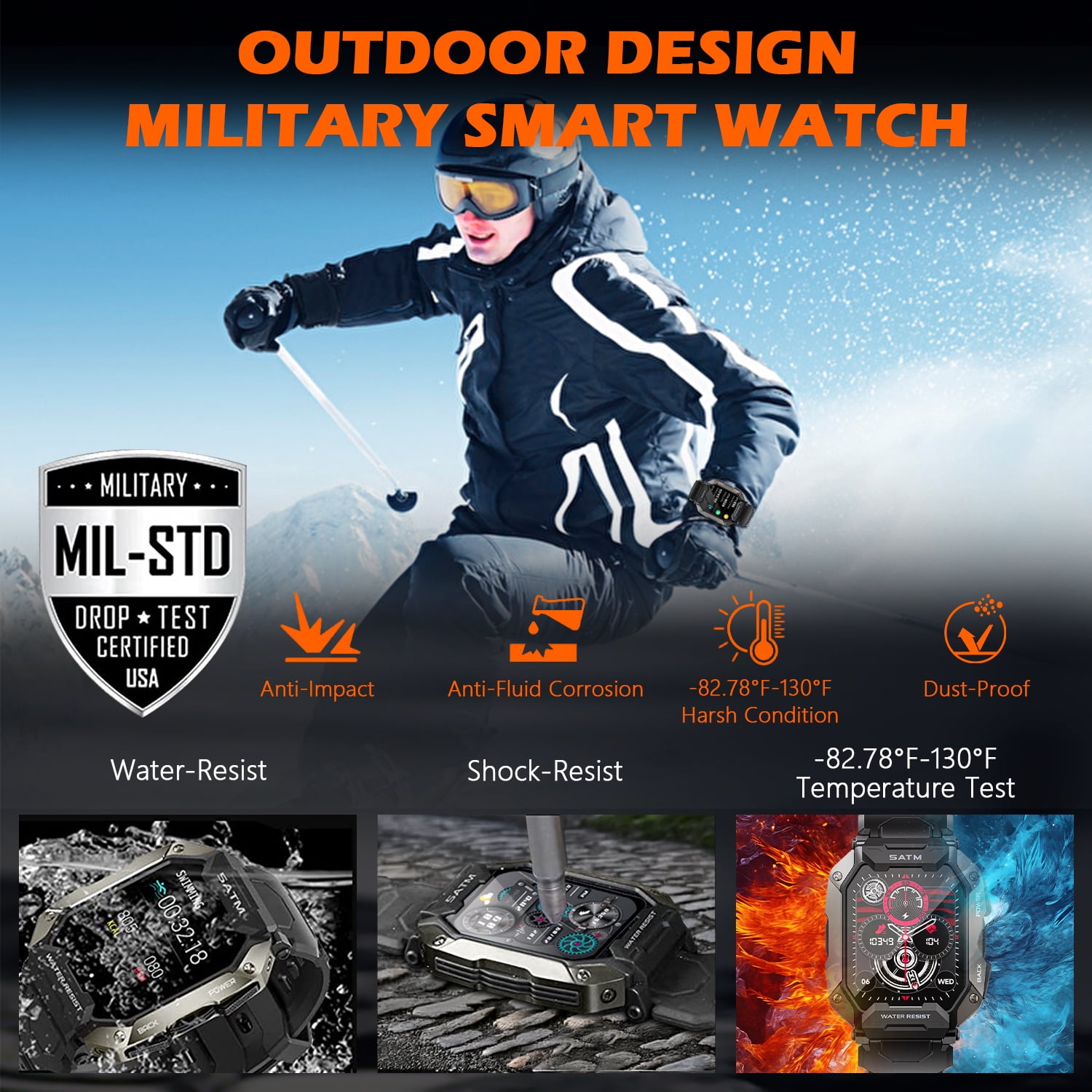 Military Smart Watches for Men, 1.81'' HD Outdoor Sports Rugged Smartwatch Compatible with Android and iPhone, Black