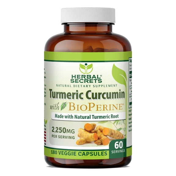 Herbal Secrets Turmeric Curcumin with Bioperine 2250 Mg per Serving 180 Veggie Capsules Supplement | 60 Serving Per Bottle | Non-GMO | Gluten-Free | Suitable for Vegetarians