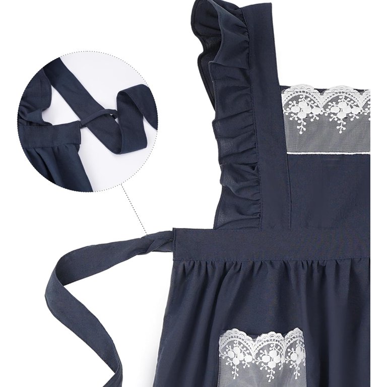 Vintage Lace Ruffle Apron For Women With Pockets - Cute Adjustable Cross-Back Cotton Apron For Cooking, Baking, Gardening & Kitchen