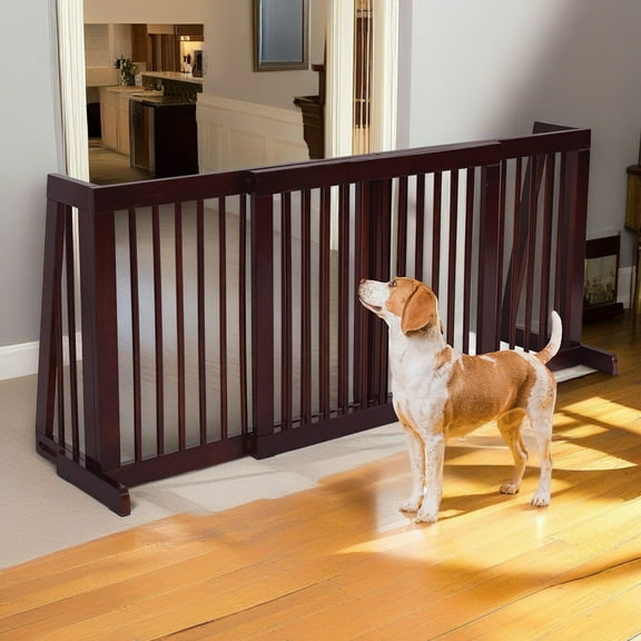 Pefilos Freestanding Pet Gates for Dogs, 20"-80" Adjustable Wooden Dog Fence Indoor, Step Over Dog Gate Extra Wide for House, Doorways, Stairs, Brown