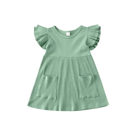 

Kiapeise Toddler Girl Flying Sleeve Dress Ribbed Ruffle Pockets Dress