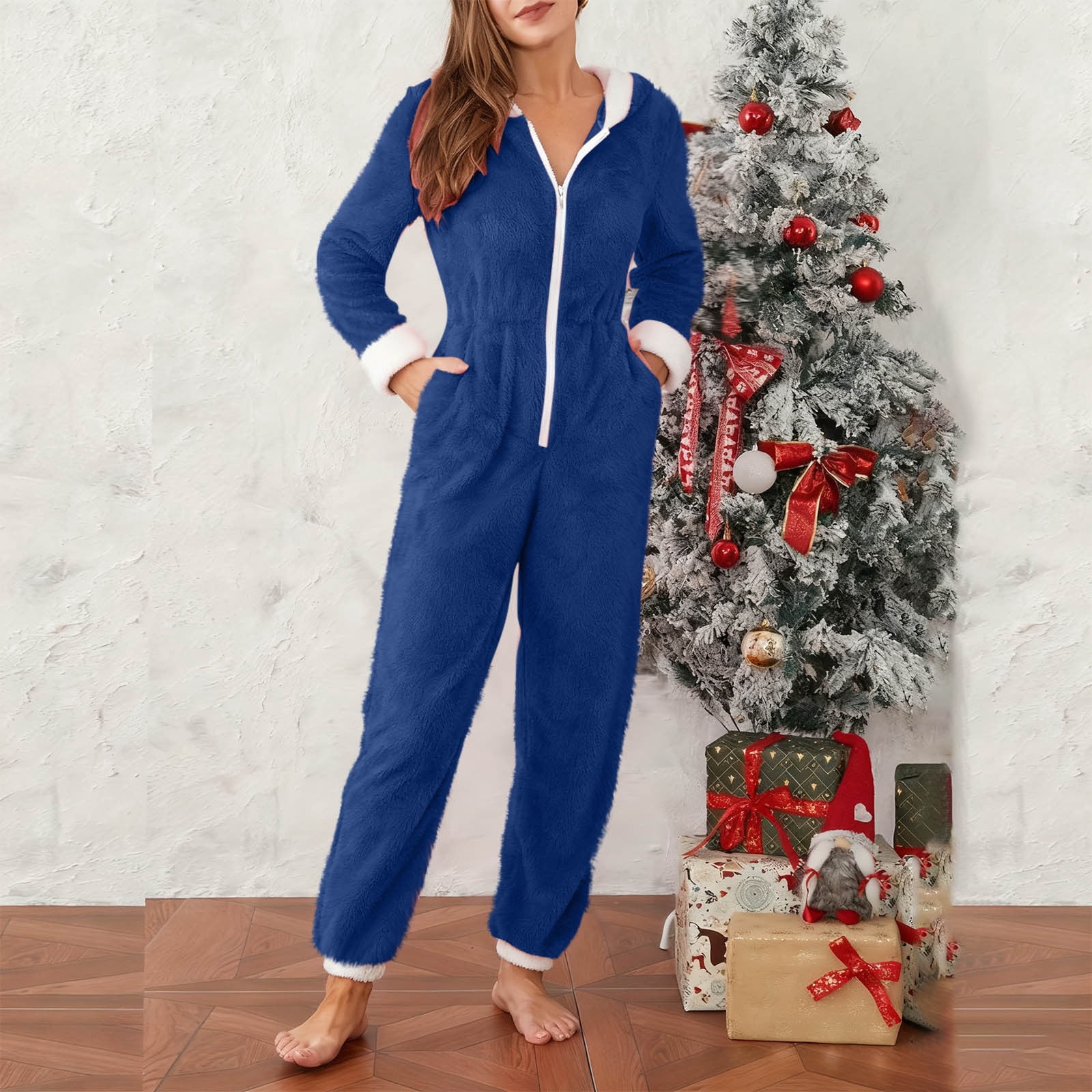 yoeyez Christmas Onesie Womens Slim Santa Hooded Pajamas Outfit Adult One-piece Pajamas Fleece Front Zipper Rompers