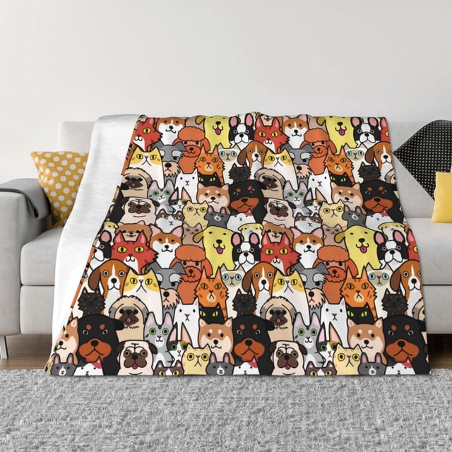 Balery Cats & Dogs Group Manta de Franela con Dibujo, Lujo Ultra Suave y Cálido, Antipelusa y Resistente a las Arrugas para Cama, Sofá, Camping -60"x50"