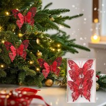 EGYMEN 3PCS Christmas Butterfly Ornaments, Glittering Butterfly Decorations for Tree Hanging, Christmas Scene Butterfly Accents(Red)