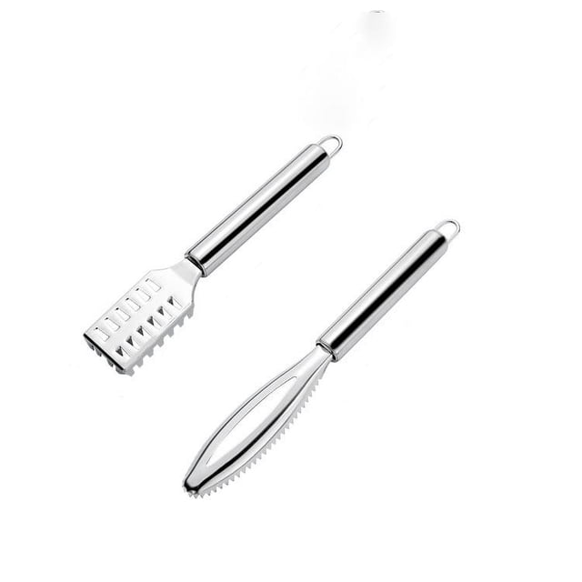 Báscula de pescado de acero inoxidable, raspador de escamas de pescado de 2 piezas, diseño profesional de dientes de pescado, más rápido y fácil de pelar escamas de pescado