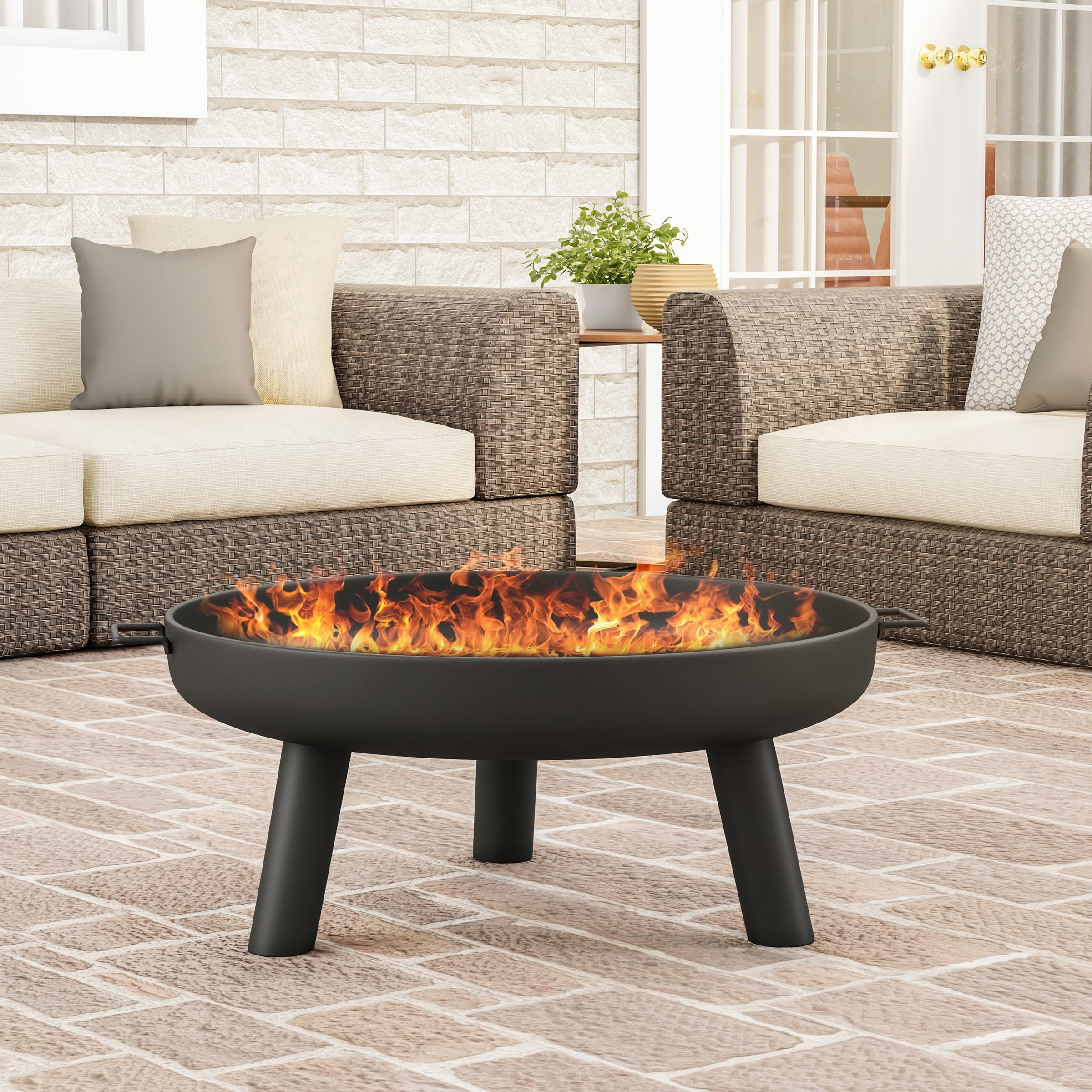 Pure Garden Outdoor Fire Pit, 27.5 In. Steel, Side Handles, Storage Cover