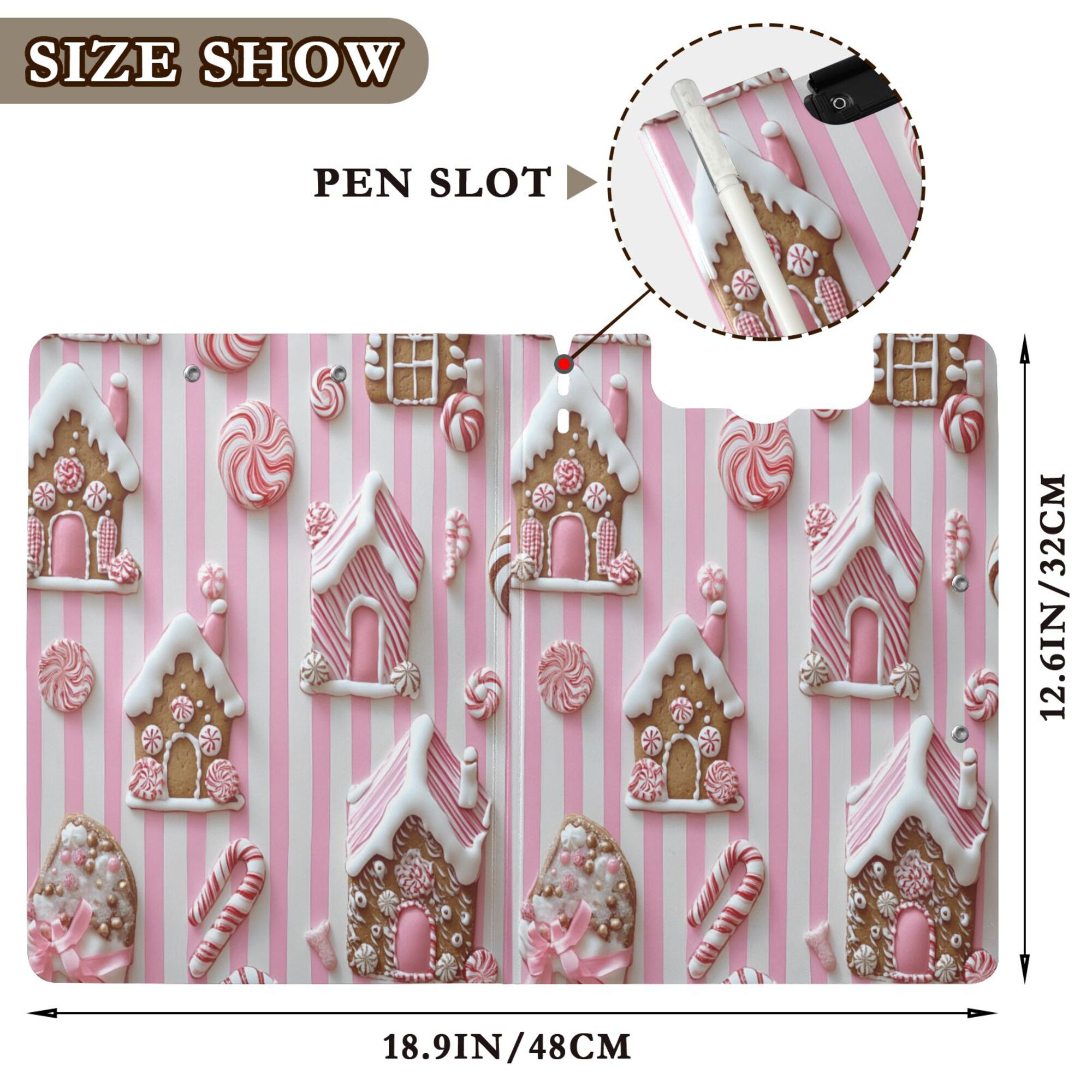 FORMRS A4 Clipboard Folder with Pen Holder Horizontal Foldable School Office Binder, Pink Gingerbread Houses