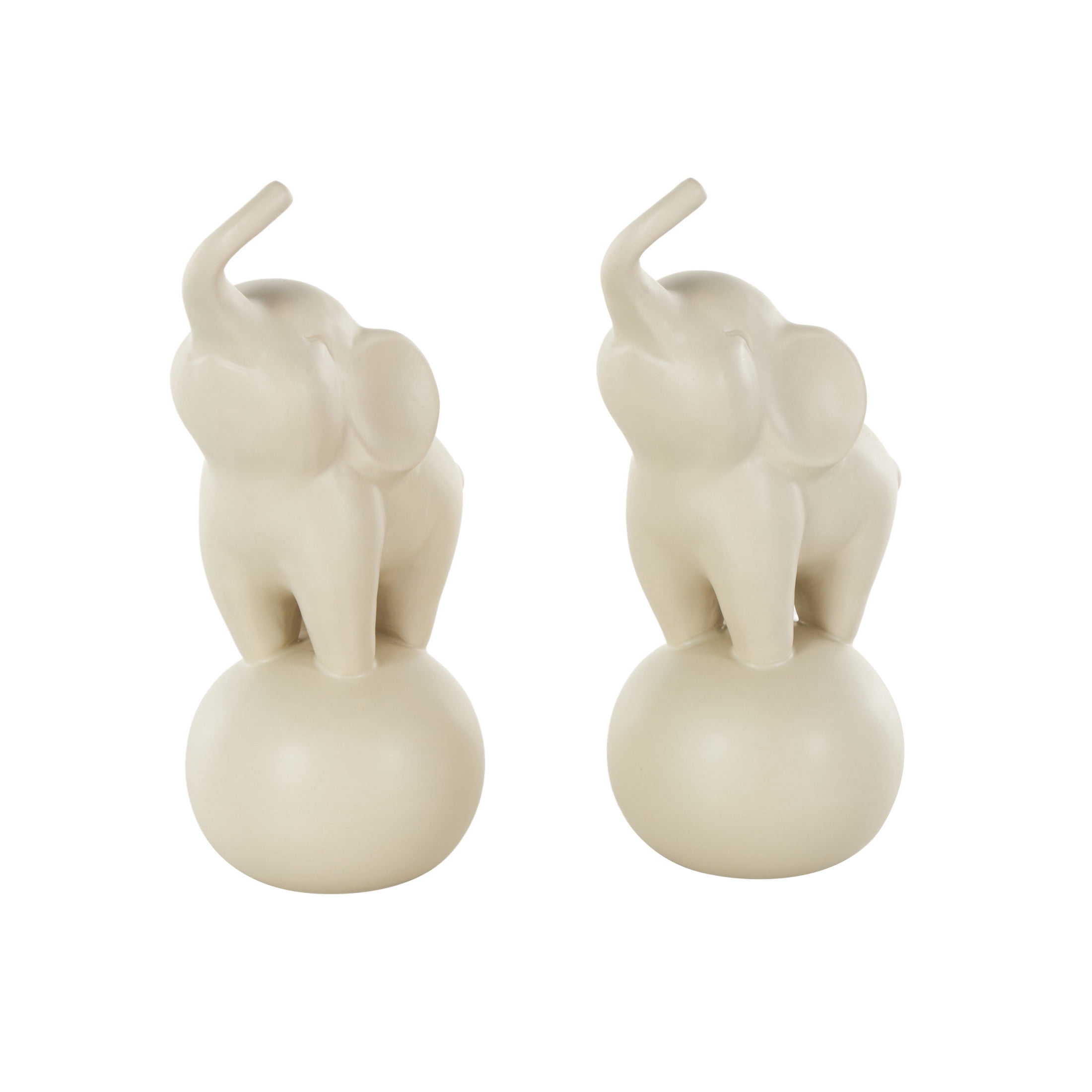 6"W, 11"H White Ceramic Trumpeting Elephant Sculpture with Round Base, by DecMode (2 Count)