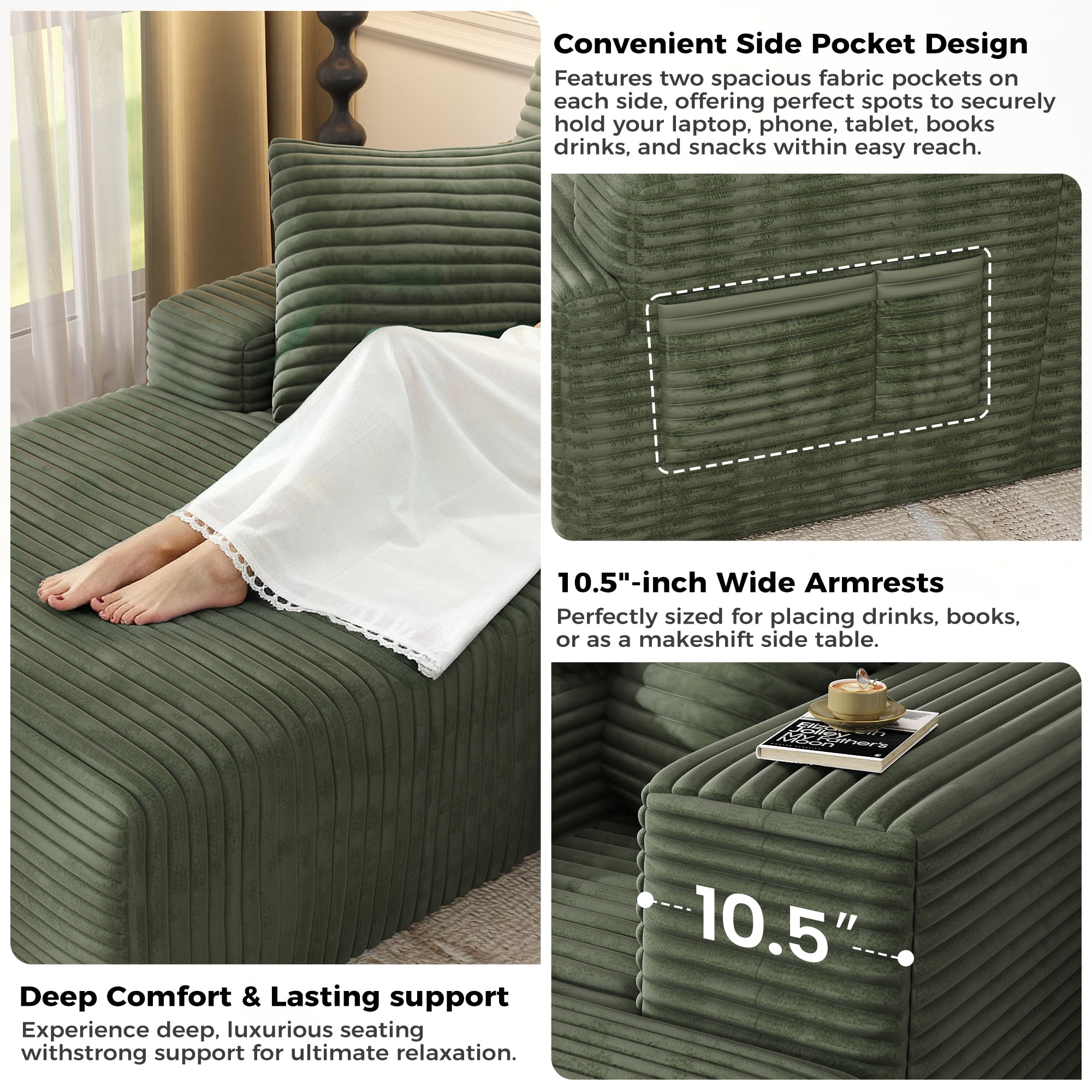 104" Modular L-Shaped Sectional Sofa, No Assembly Required Boneless Sofa with Chaise, High Resilience Foam & Corduroy Fabric, for Living Room Bedroom,(Sage Green)