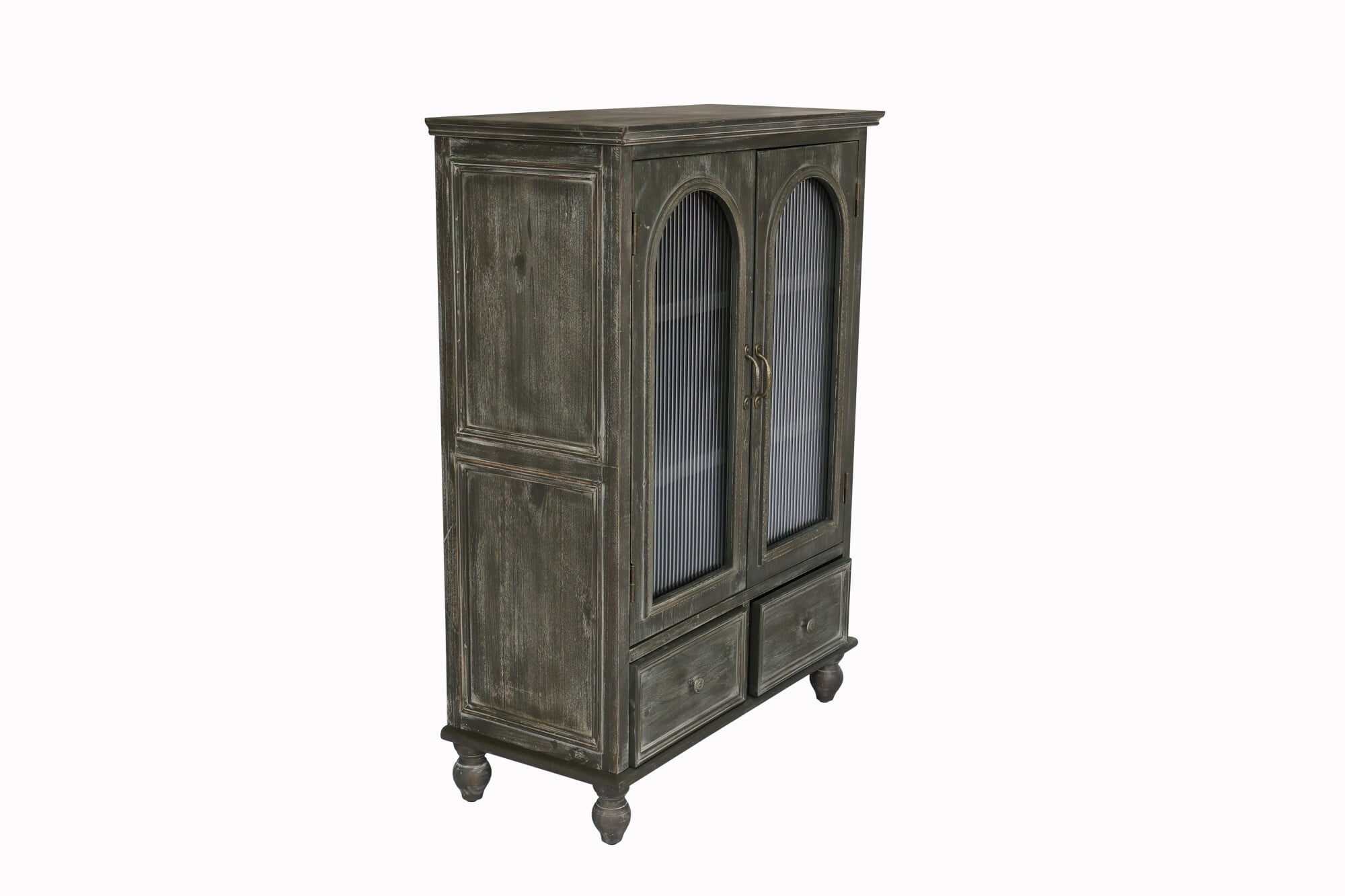 AENKYO 48" Farmhouse Storage Cabinet, Wood Kitchen Pantry with Arched Fluted Glass Doors & 2 Drawers, Gray