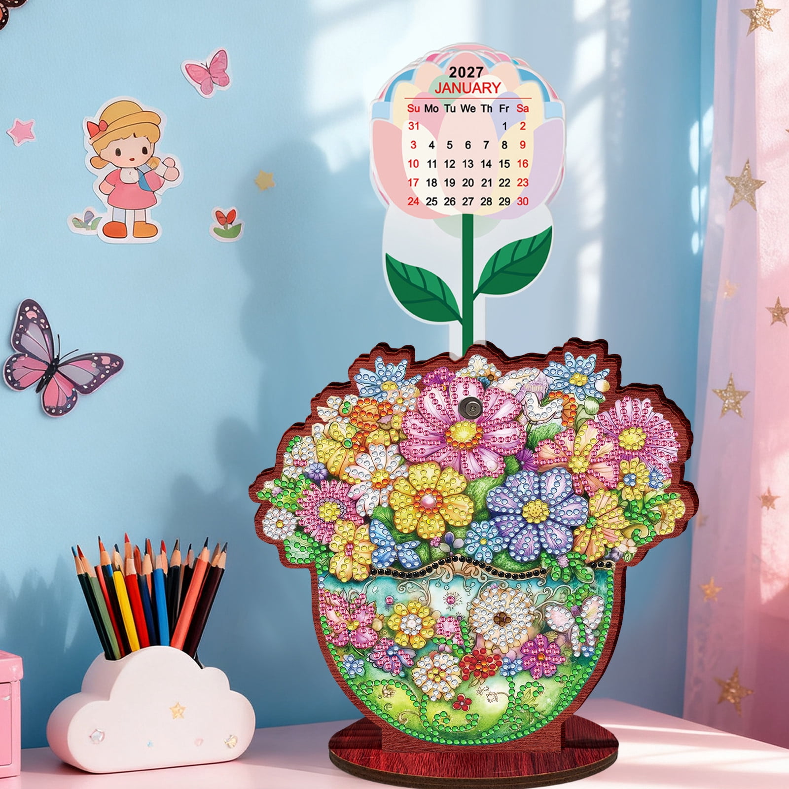 FLOPESN 2026-2027 Wooden Desktop Calendar DIY Diamond Art Painting Kits,Creative Design PVC Insert Home Decor Ornament-Bouquet