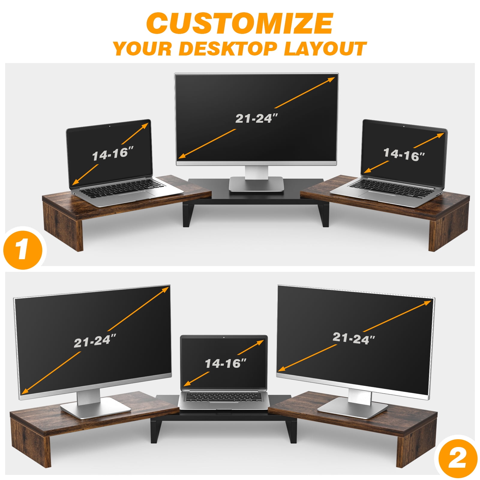 RTVR Dual Monitor Stand Riser Office Desktop Organizer Stand for 2 Monitors, Adjustable Length & Angle 3 Shelf Extra Long for TV Computer Laptop, Brown