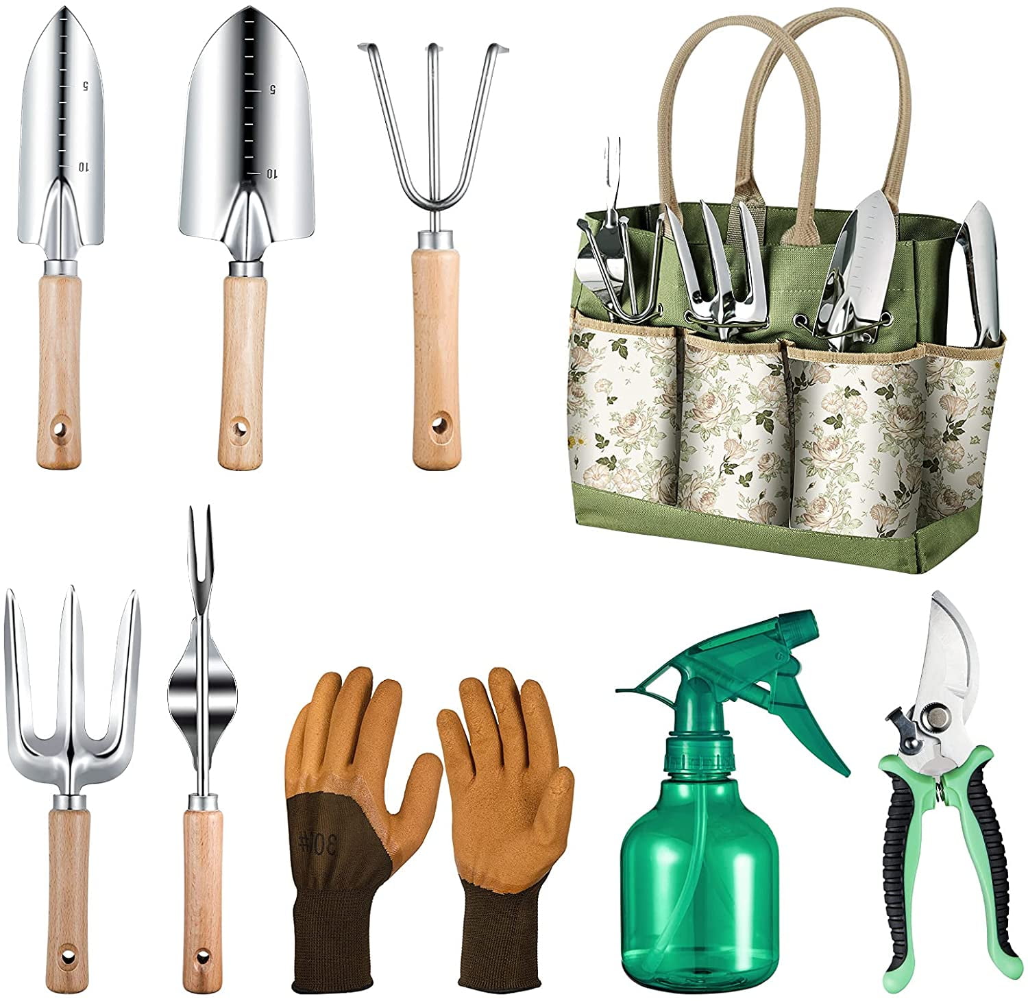 5/10PC Garden Tools Sets Include Rake Weeder Pruner Shears& Carry Case for Women 
