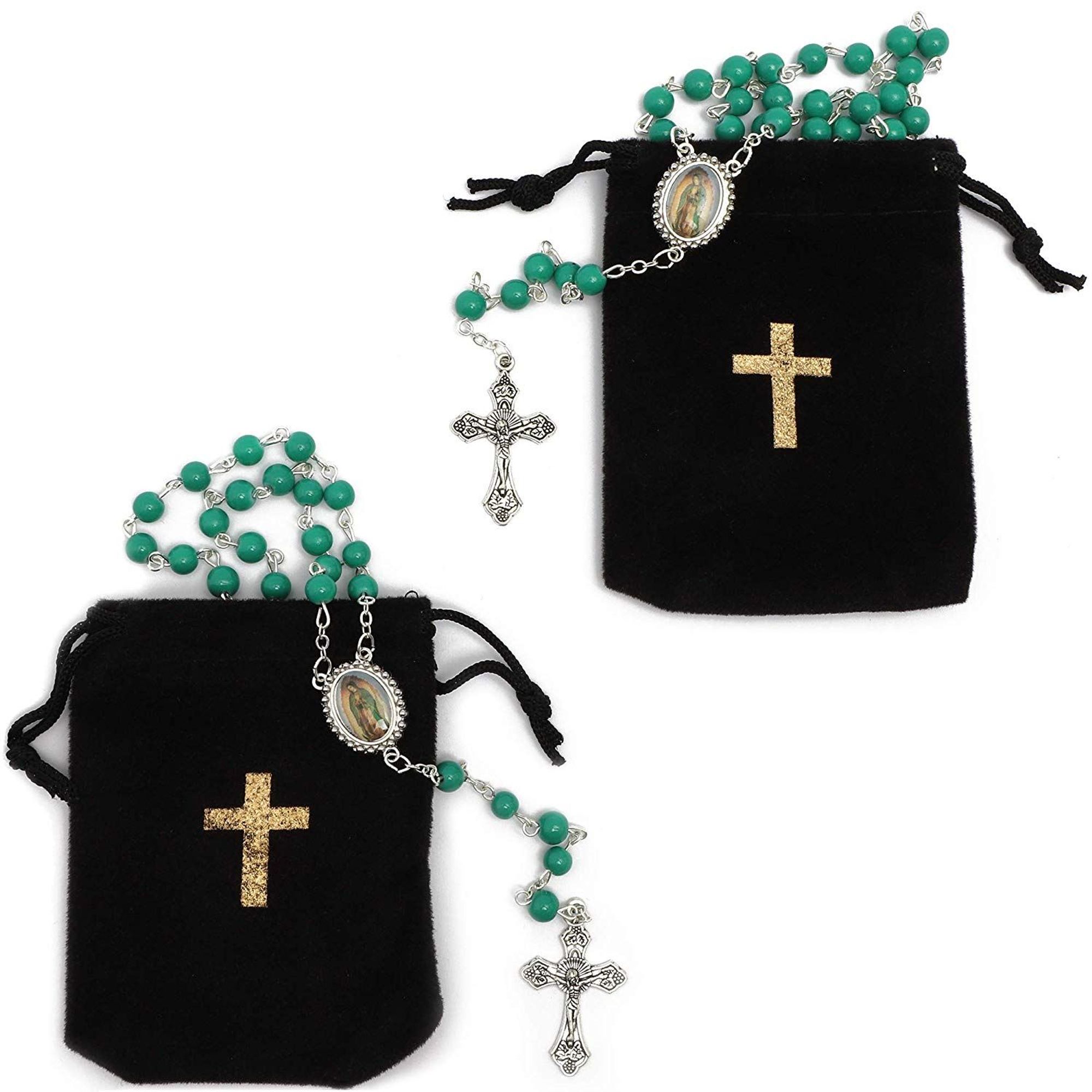Juvale 2 Pack Rosary Beads Catholic Necklace With Velvet Pouch 19 7 Inches Turquoise Rosaries Glass Beads Cross Crucifix Saint Joseph And Child Jesus Pendent For Baptismal Party Recuerditos De Bautismo