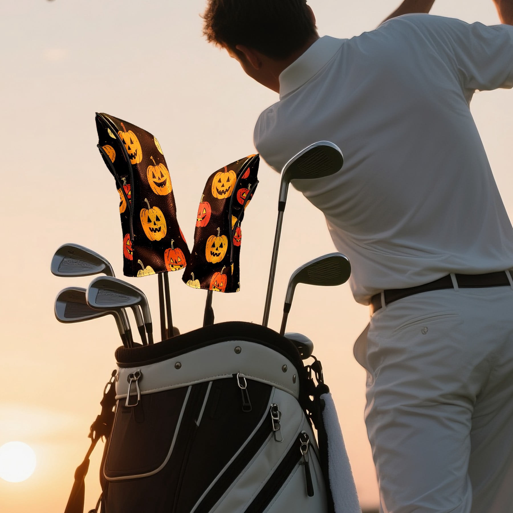 Golf Club Covers PU Leather Waterproof Head Covers for Fairway Woods Hybrids Halloween Pumpkin Pattern Unisex Fits Most Brands