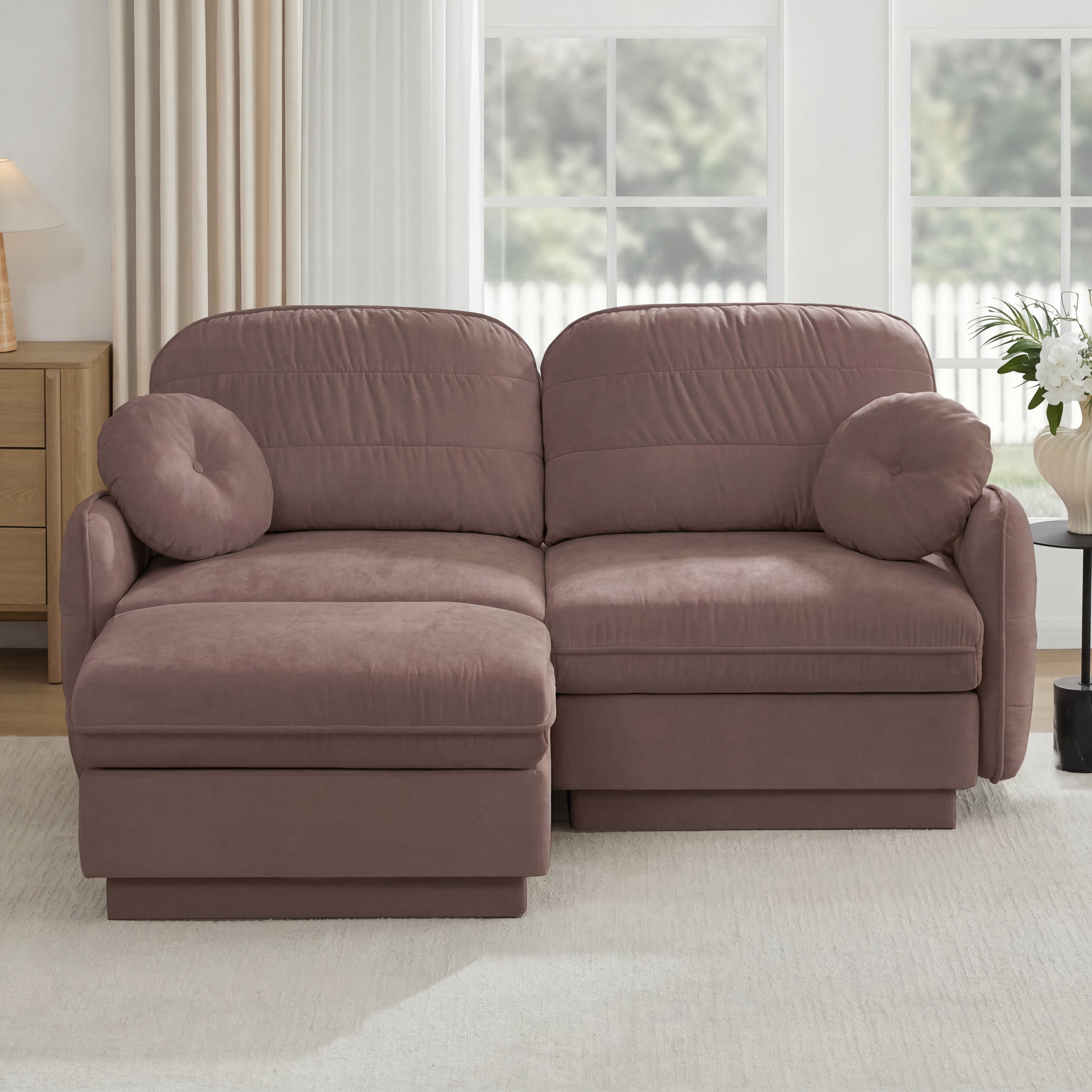 Mintazer Chenille Cloud Loveseat Sofa with Movable Ottoman and Round Pillows, L-Shaped Ergonomic Sofa Couch for Living Room, Bedroom, Rose Dust