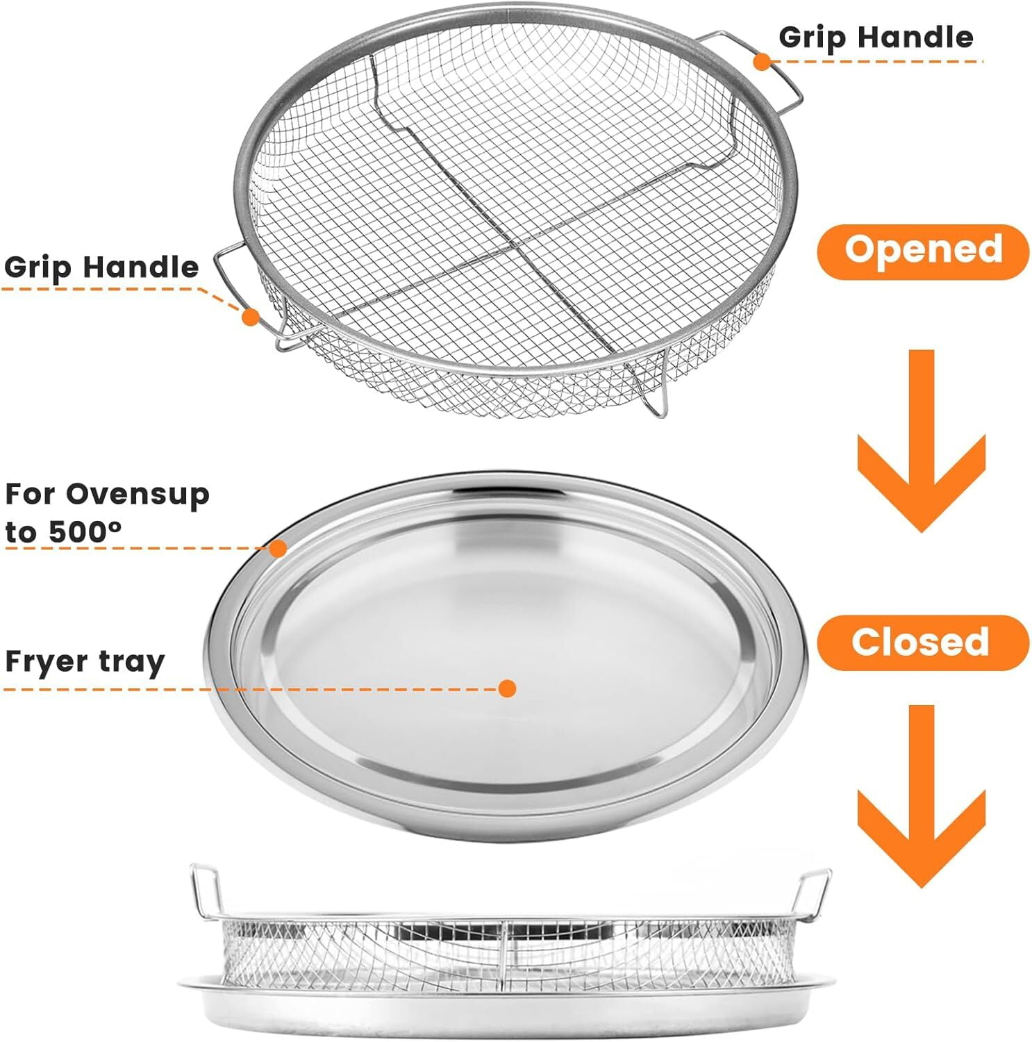 Air Fryer Basket for Oven, 2 Piece Round Silver 13" Non-stick Crisper Tray, Non-stick Stainless Steel Oven Air Fryer Basket and Tray for Baking & Crispy Foods, Dishwasher Safe
