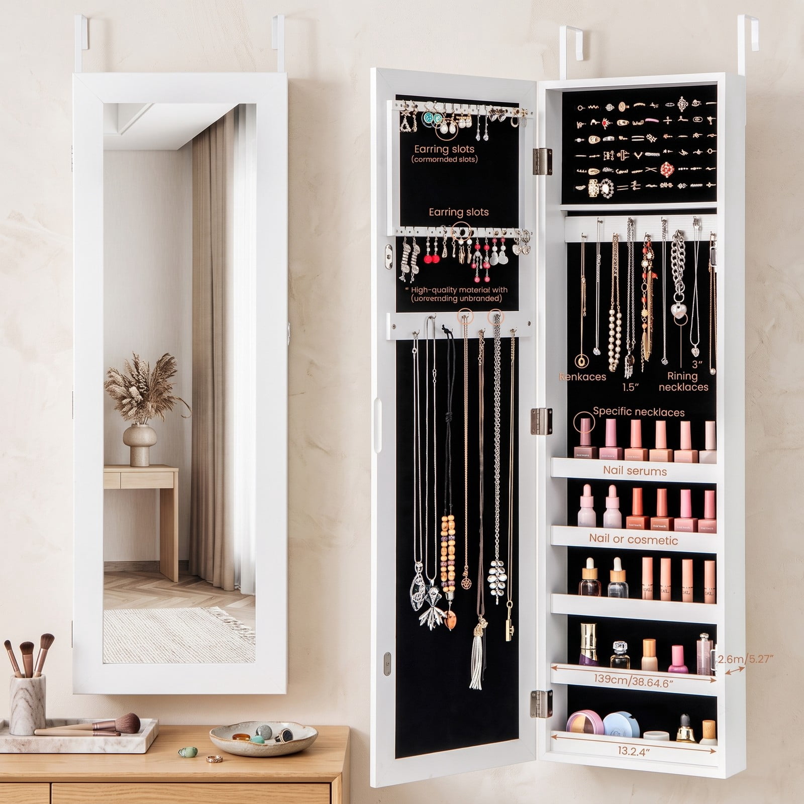 Furnibear Door and Wall Mounted Armoire Jewelry Cabinet with Full-Length Mirror and Velvet Lining for Bedroom Storage, White