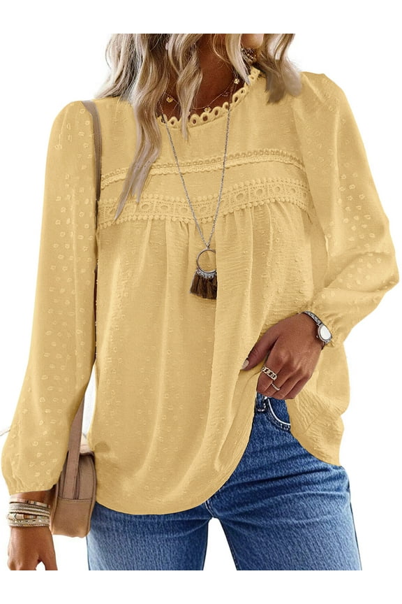 Fall Shirts for Women Long Sleeve Blouses Ladies Crewneck Lace Crochet Tops Dressy Chiffon Blouses