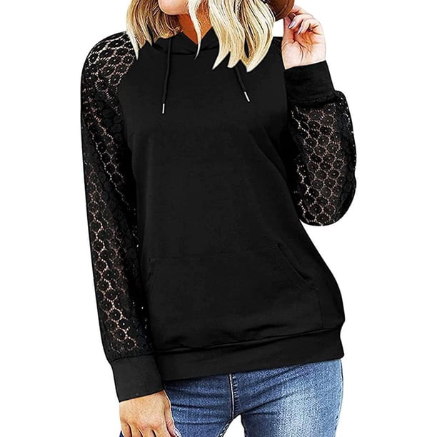ICHUANYI Clearance Women Fall Lace Long Sleeve Hoodie Splicing Pockets Hooded Sweatshirts Coat Tops ICHUANYI "ICHUANYI"