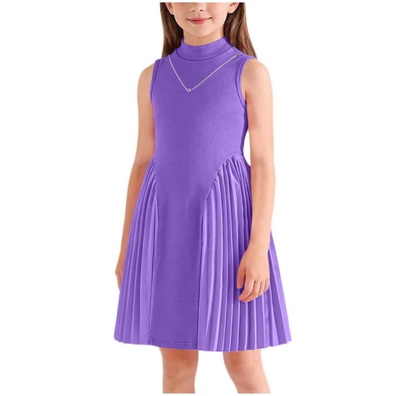 Riecok Sleeveless Dresses for Girls Crewneck A Line Dress Solid Pleated Summer Uniform Dresses for School
