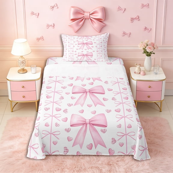 Erosebridal Teens Cute Love Heart Bowtie Twin Sheet Sets 3pcs,Girls Kids Geometric Plaid Polka Dots Bedding,Breathable Home Decor