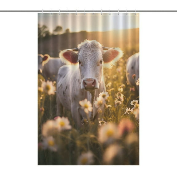 Farmhouse Highland Cow Funny Cattle And Flower Shower Curtain for Bathroom with 12Hooks, Polyester Fabric Thick Shower Curtain Washable Waterproof Curtain