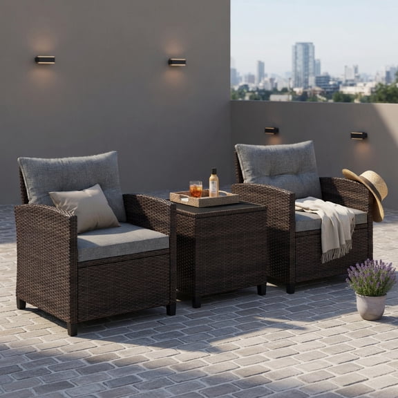 Hommoo 3-Piece Outdoor Rattan Patio Furniture Set, Woven Steel Frame with Washable Cushions for Patio, Poolside & Garden, Gray