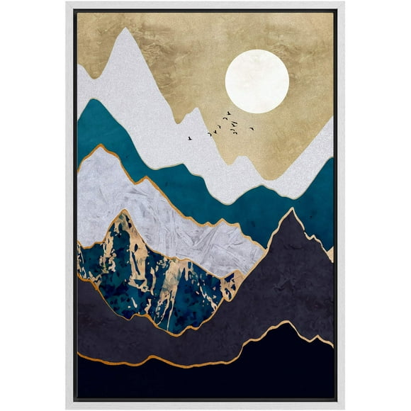 SIGNFORD Framed Canvas Print Wall Art Granite Mountains with Golden Mountain Outline Abstract Wilderness Illustrations Modern Art Contemporary for Living Room, Bedroom, Office - 16"x24" White