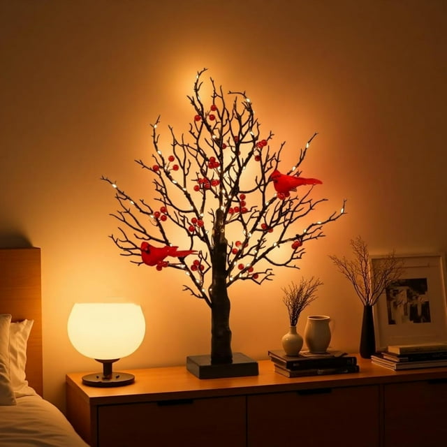 Cardinal Tree with Moving Birds, Vintage Glowing Tree with Cardinals(21 in), Ansurely Cardinal Tree, Led Vintage Glowing Tree, Suitable for Christmas, Halloween Decorations (1)