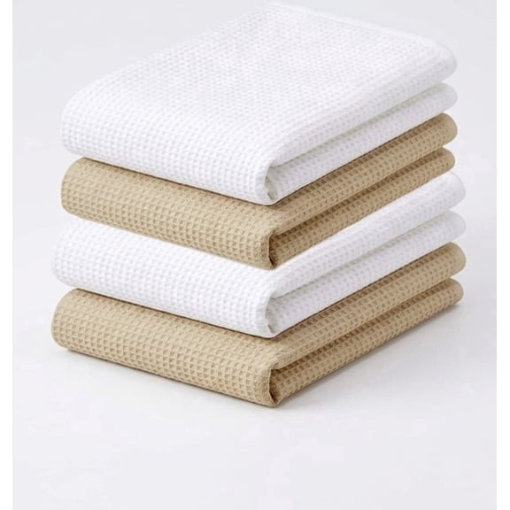 SYDR 4-Pack Waffle Kitchen Towels, 16" x 28", 100% Cotton, Highly Absorbent Dish Cloths with Hanging Loop, Beige