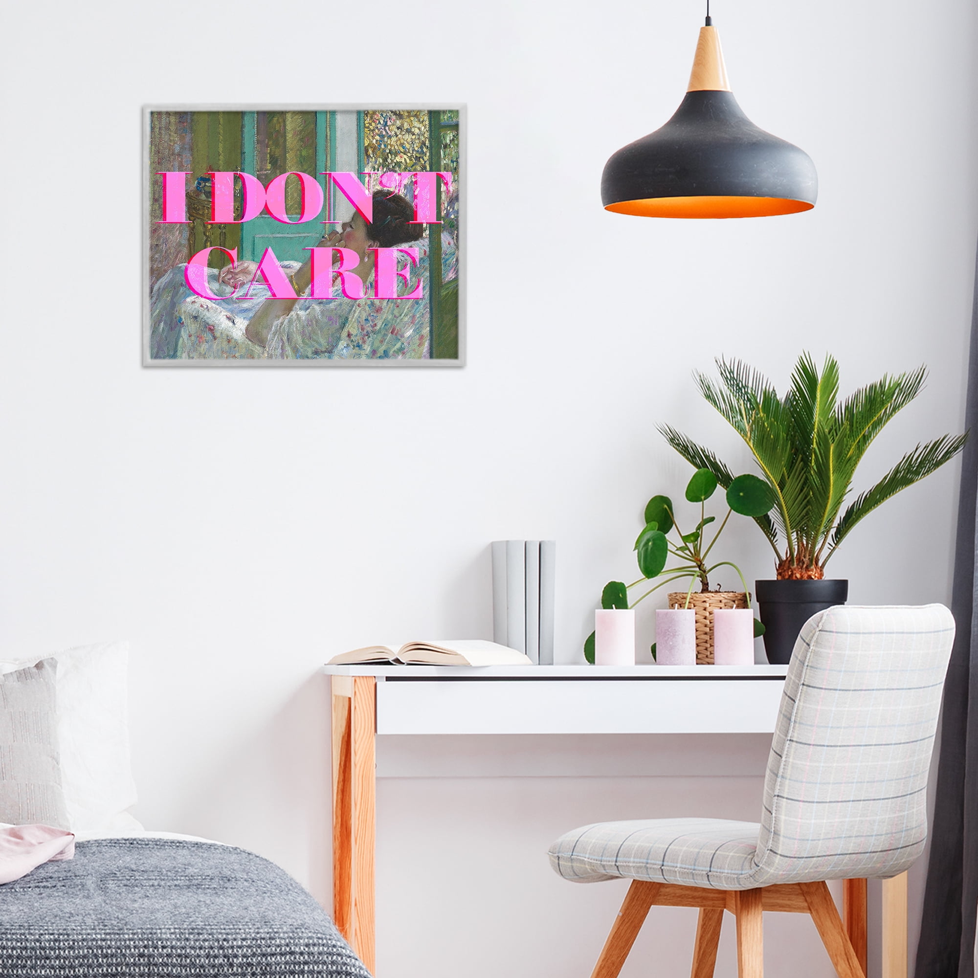 I Don't Care over Classic Painting Gray Framed Giclee Art, design by Lil' Rue