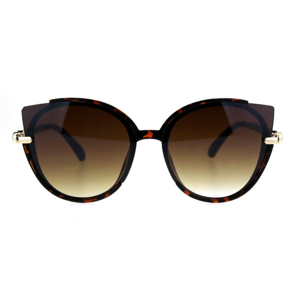 Womens Exposed Cat Eye Tip Lens Designer Oversize Round Sunglasses Tortoise Brown
