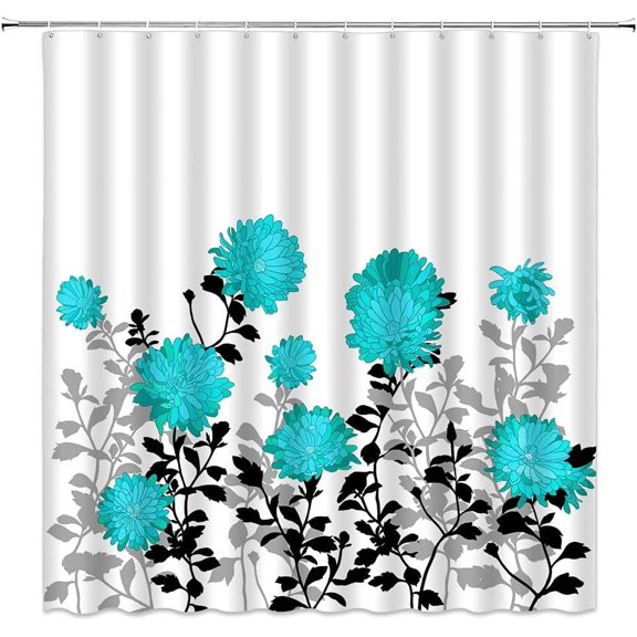 Aqua Flower Shower Curtain Dahlia Rustic Blooming Floral Spring Plant Black Leaf Chrysanthemum Shadow Art Fabric Bathroom Decor Set with Hooks(70" Wx84 H)