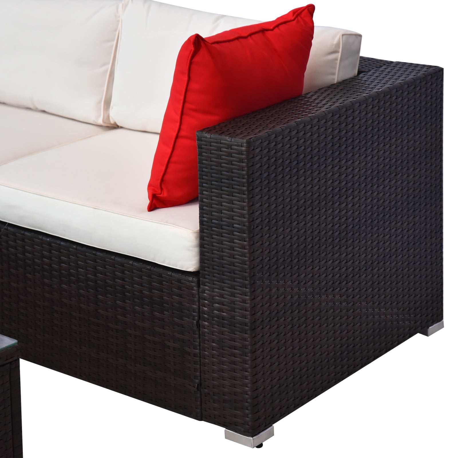 Outsunny 5-Piece Outdoor Sectional Furniture, Patio Sofa Set, PE Wicker Couch, Cushions, Pillows, Ottoman, Coffee Table, Cream White