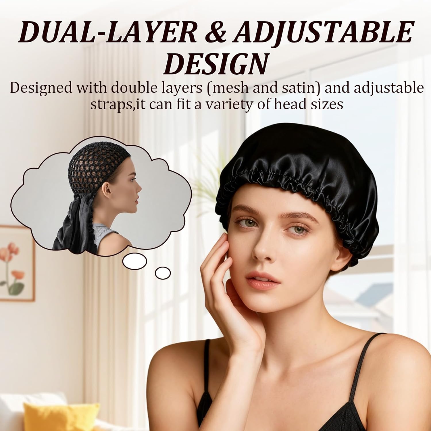 2 in 1 Wrap Hair Net with Scarf Silk Press 3 Pack Nighttime Hair Care 2 in 1 Wrap Cap Hair Net for Silk Press, Satin Scarf Hair  main image 3