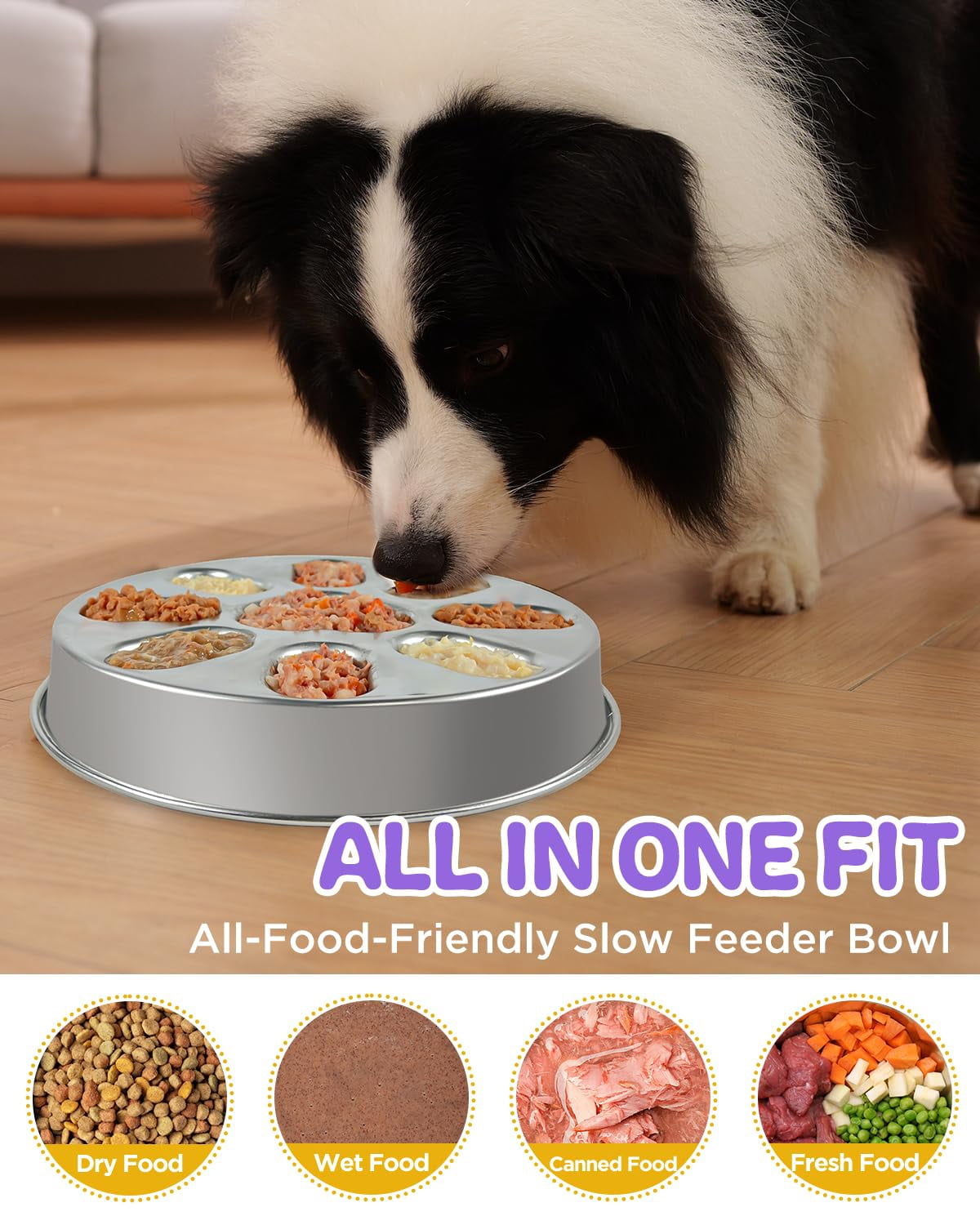 Slow Feeder Dog Bowl, Stainless Steel Pet Bowl for Fast Eaters, Non Slip Mat Included, 2 Cup Capacity for Small Medium Dogs, Slows Down Eating to Preent Choking Bloat, Dishwasher Safe, Gray