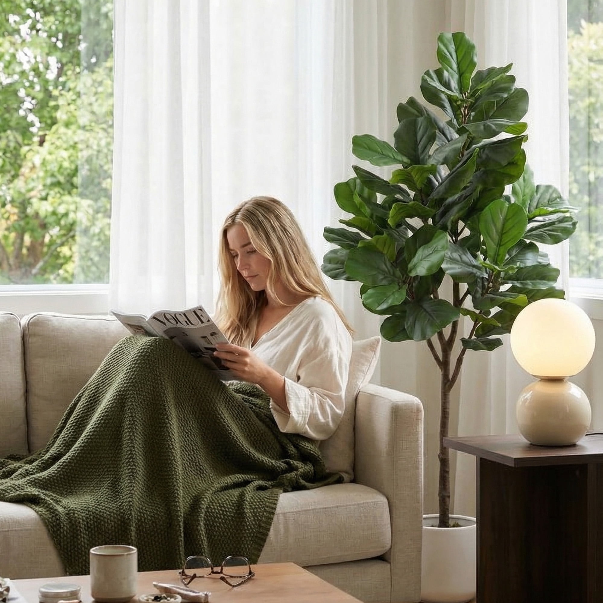 Artificial Fiddle Leaf Fig Tree 5FT Tall, Faux Ficus Lyrata Plant with Realistic Silk Leaves in Pot, Fake Floor Plant for Indoor Home Office Decor