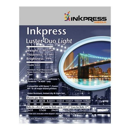 - Inkpress Luster Duo, Double Sided Inkjet Paper, 99% Bright, 280 gsm, 9.5 mil., 10