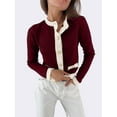 thumbnail image 4 of Women'S Contrast Trim Long Sleeve Button Front V Neck Cardigan Wine Red S, 4 of 6