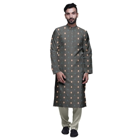 

Atasi Mandarin Collar Printed Satin Slub Traditional Kurta Set For Men