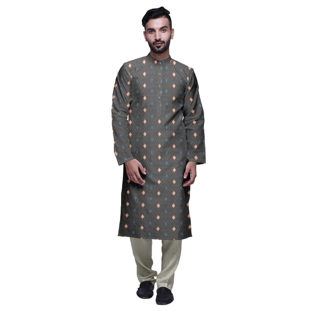 Atasi Kurta Ethnique en Satin Slub avec Churidar pour Hommes, Tenue de Fête Imprimée