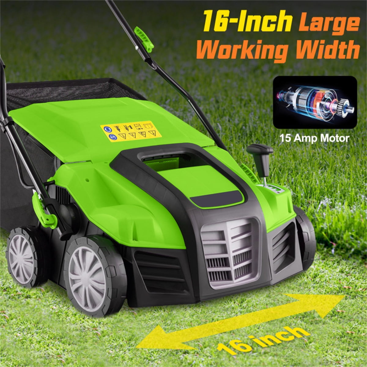 15A Corded Electric Lawn Dethatcher & Scarifier 2-in-1, 16 Inch Cutting Width 5-Position Depth Adjustment with 14.5Gal Grass Bag