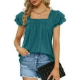 thumbnail image 2 of HAPIMO Women's Fashion Shirts Short Sleeve Tees Double-Layer Lace Clothes for Girls Square Neck T-shirt Ruffle Pleat Blouses Solid Color Print Tops Blue XXL, 2 of 8