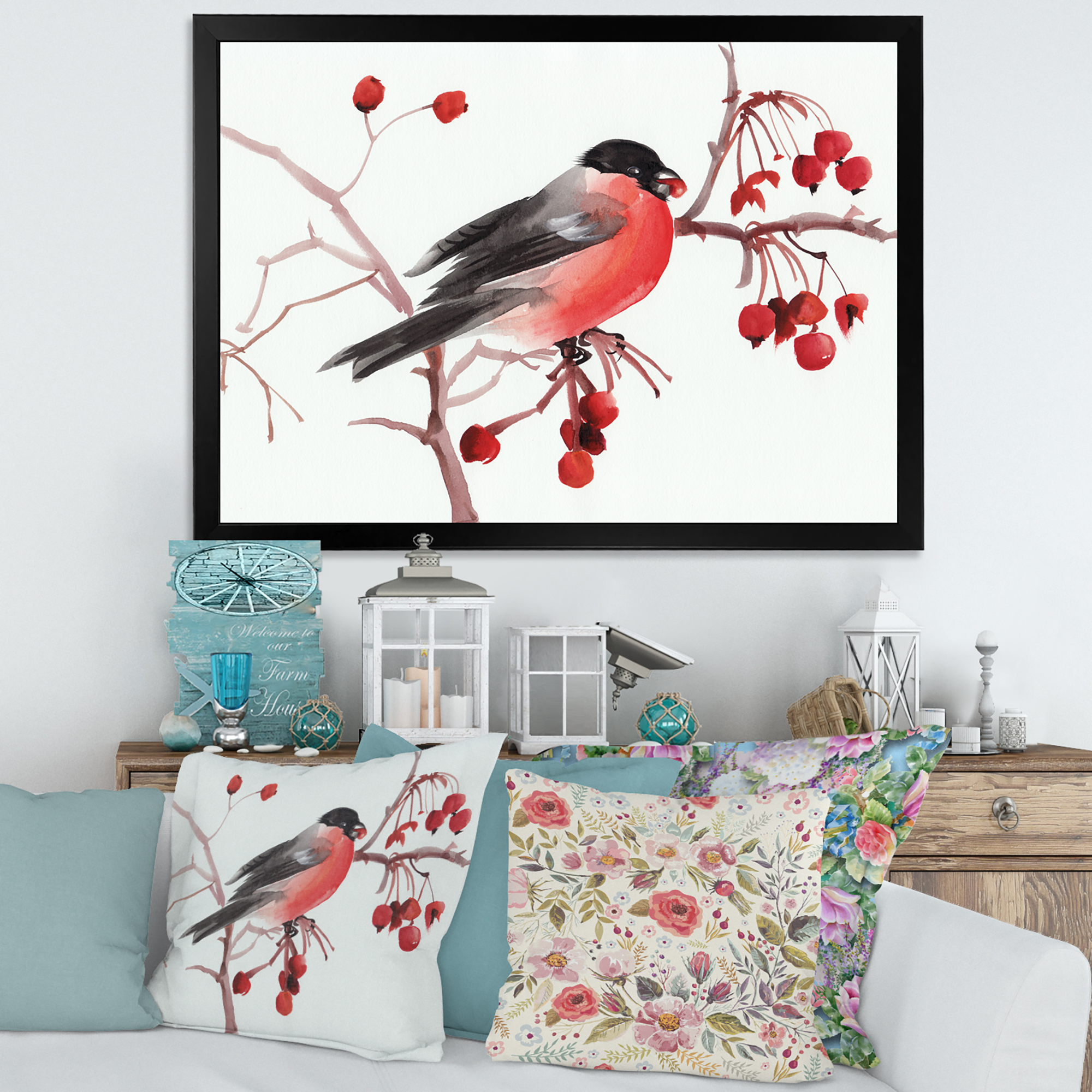 Designart 'Bullfinch Bird Sitting On A Branch' Traditional Framed Art Print
