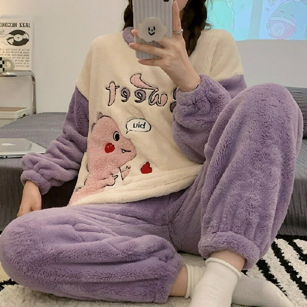 Cartoon Women Pajamas Set Winter Sleepwear Fleece Velvet Warm Pajama Pants  Fluffy Kawaii Korean Cute Piiama Night Wear Home Suit