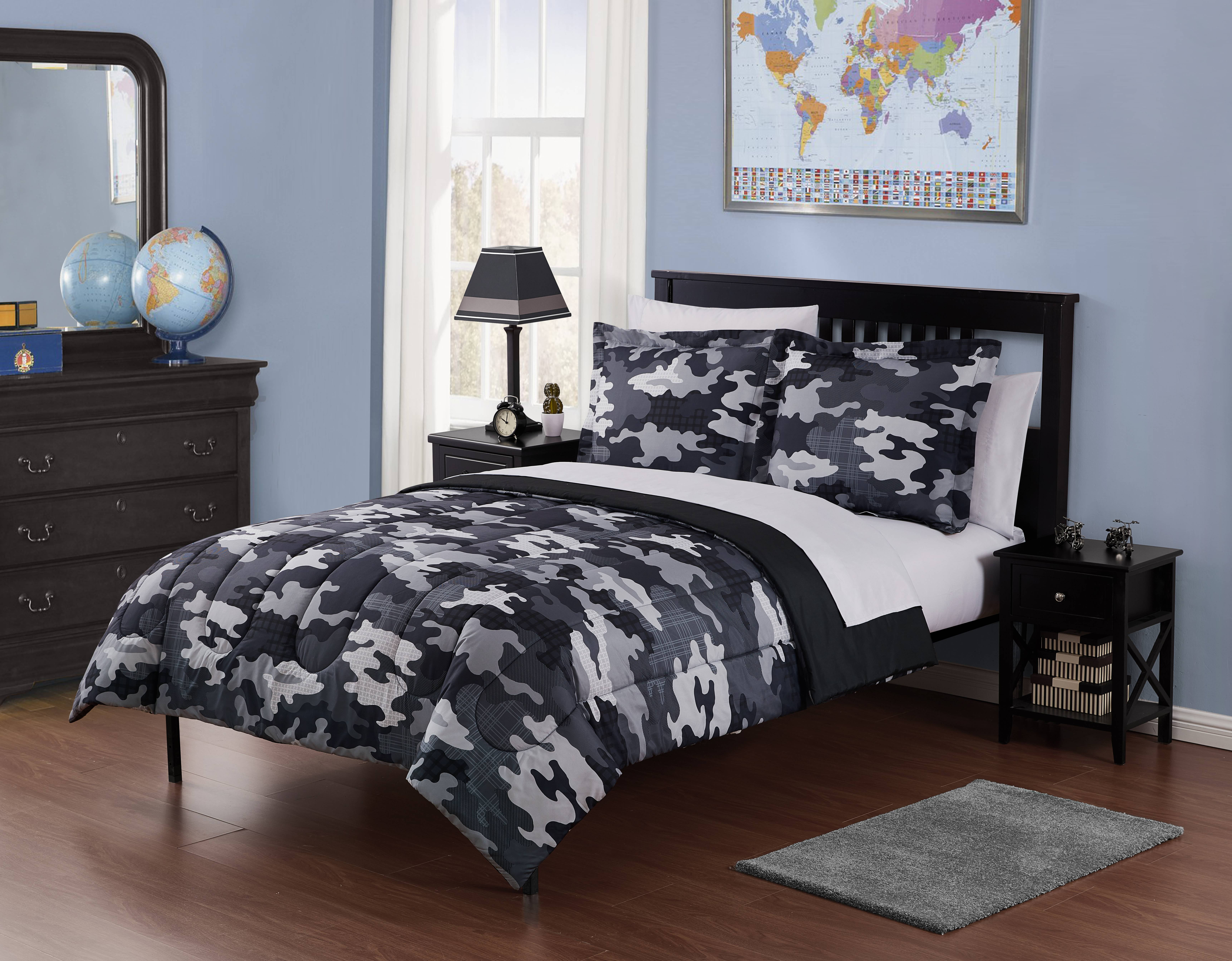 COMFORTER QUEEN SHEETS WITH CURTAINS 12 pc BLACK CAMO QUEEN SIZE SET! 